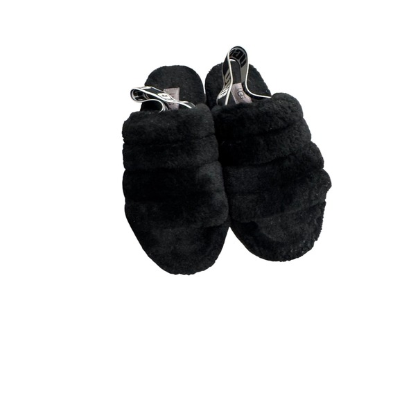 UGG Fluff Yeah Slide Slippers Black Sheepskin Fur Elastic Strap Women's Size 9 - Picture 3 of 8